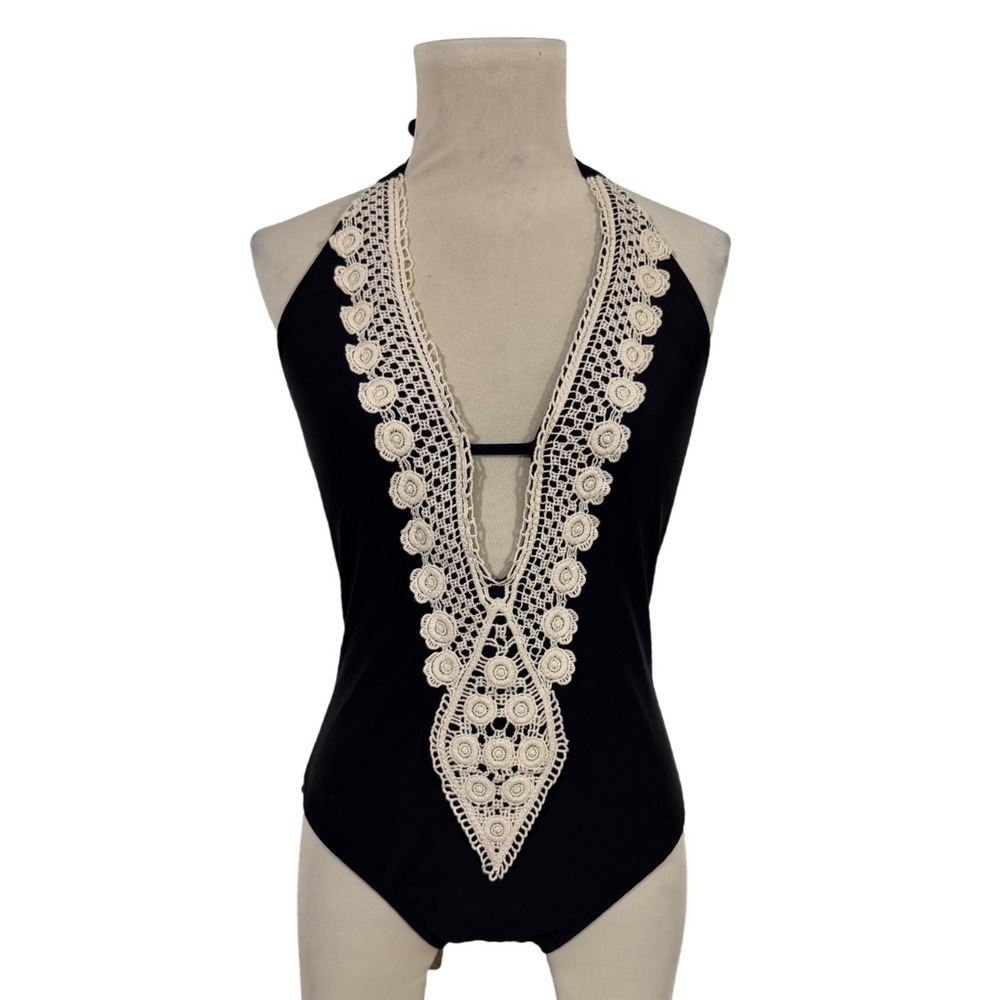 Kona Sol Womens Medium Black Crochet Lace Deep V Halter One Piece Swimsuit